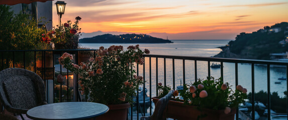 Poster - Scenic Terrace Overlooking Sea at Sunset