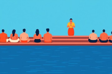 A woman in a yellow top and red skirt addresses a group of people sitting on a dock.