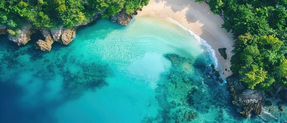 Serene Aerial Panorama of a Breathtaking Beach with Crystal Clear Blue Waters