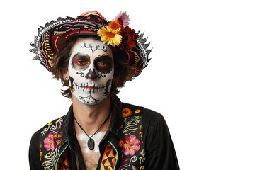 Wall Mural - Portrait of a man with halloween horror makeup for the day of the dead festival, his face frozen in a scary expression, isolated on a transparent png background