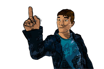 young man pointing finger up to show presenting white background line art cartoon drawing
