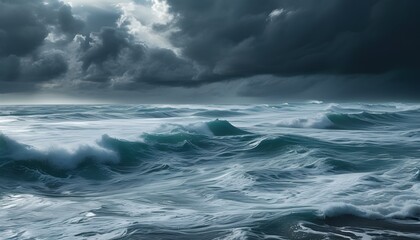 Dramatic seascape of violent waves crashing under a menacing sky, illustrating the oceans raw power and unpredictable nature