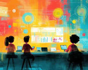 Poster - Dynamic virtual classroom filled with engaged students, colorful digital tools, interactive displays, fostering a lively learning environment