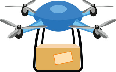 Poster - Blue delivery drone carrying package flying through air, autonomous robot technology