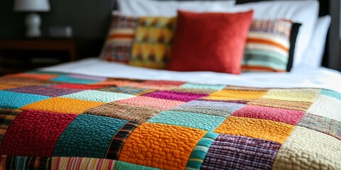 Poster - Colorful patchwork quilt on a bed.