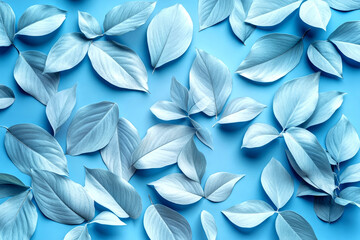 Pastel blue leaves foliage on blue background.