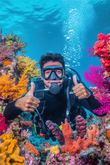 Wall Mural - Portrait of diver with thumbs up gesture with colorful beautiful coral reef with sea life fishes