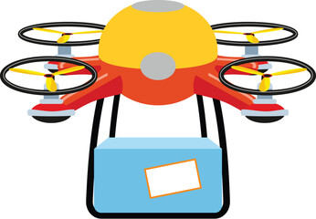 Poster - Modern red delivery drone carrying package with blank label for your text