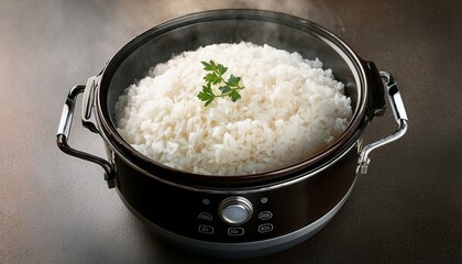 Cooked rice in a cooker, fresh meal, healthy food