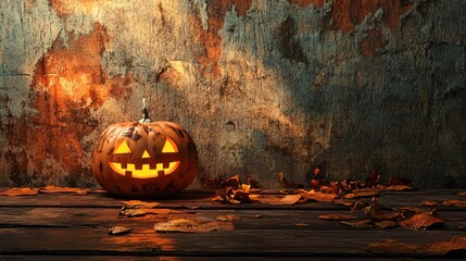 Wall Mural - Glowing candle inside a carved pumpkin rests on a rustic wooden surface surrounded by autumn leaves