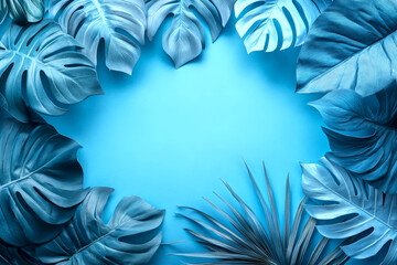 Blue tropical leaves and foliage on blue background with copy space.