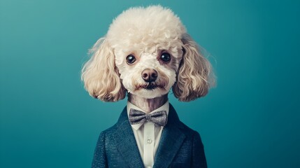 Wall Mural - Surreal Portrait of a Poodle in Business Casual Attire with Colored Background