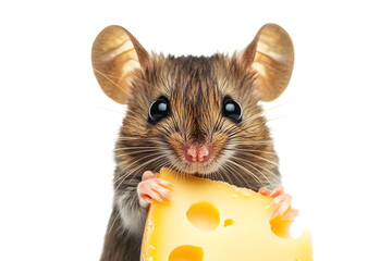 Tiny cute mouse holding a piece of cheese isolated on white background