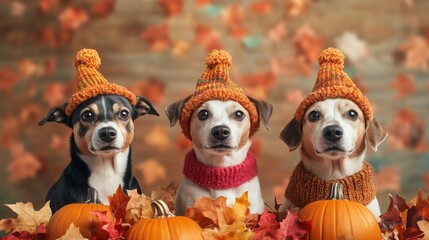 Group of dogs in costumes, playful Thanksgiving scene, fall leaves background 2