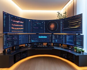Poster - Futuristic Home Office Hub, sleek design, multiple high-resolution screens, ergonomic workspace, modern tech integration, efficient productivity environment