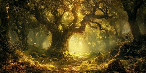 Canvas Print - Sunlight filters through a mystical forest.