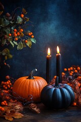 Wall Mural - Halloween still life with pumpkins, burning candles and autumn decorations on a dark blue background