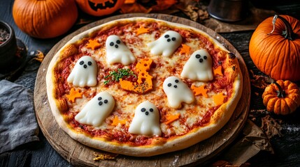 Wall Mural - Delicious homemade ghost pizza decorated with mozzarella cheese and pumpkin for halloween party