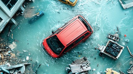 An aerial view of a red car submerged in water amidst debris from a disaster zone. Evokes themes of destruction and recovery.