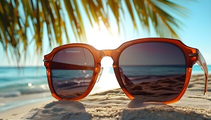 Tropical summer paradise with sunglasses on sandy beach, palm trees swaying, and ocean waves in the distance