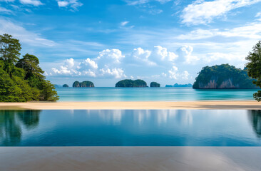 Poster - View from the pool on the beach to the green tropical coastline, blue ocean and islands