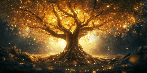 Canvas Print - Ancient glowing tree with roots and falling leaves.