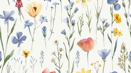 Wall Mural - Watercolor Floral Pattern With Delicate Pressed Flowers