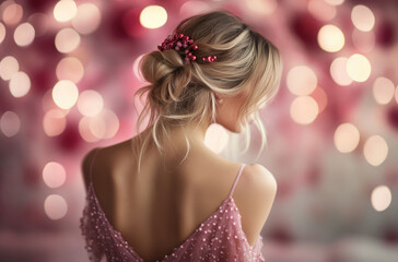 Sticker - a beautiful woman with blonde hair wearing a pink dress, with the focus on her back and shoulders