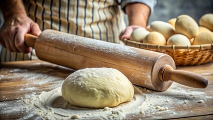 Baker rolling dough on wooden table with fresh bread rolls, perfect for baking and culinary themes