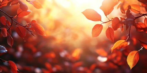 Wall Mural - Autumn background with orange fall leaves. Garden scene on fall season with bright shiny sun ray and maple tree