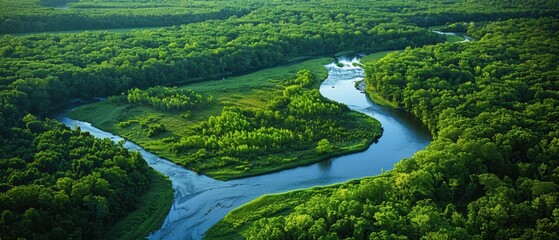 Serene Aerial View of a Winding River Meandering Through a Lush Forest Canopy