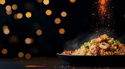 Wall Mural - A plate of golden fried rice with salted fish and chicken, garnished with green onions and served with a side of chili paste