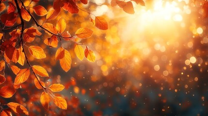 Wall Mural - Autumn background with orange fall leaves. Garden scene on fall season with bright shiny sun ray and maple tree