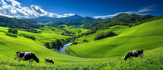 A serene landscape featuring cows grazing in lush green fields near a flowing river, surrounded by majestic mountains.