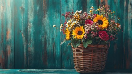 Vibrant rustic bouquet with sunflowers and roses in a wicker basket, set against a distressed teal wooden background.