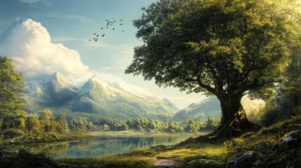 Canvas Print - Serene Mountain Lake with a Majestic Tree