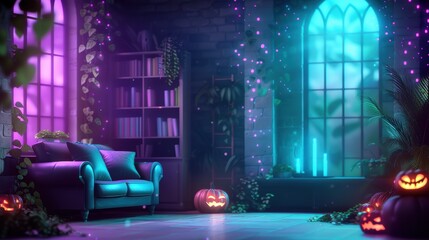 Wall Mural - A cozy living room adorned with Halloween decorations and individuals dressed as witches and wizards, engaging in fun activities like pumpkin carving and storytelling for a festive celebration.