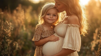 photorealistic close-up of little girl kissing pregnant mother's belly during golden hour, heartwarm