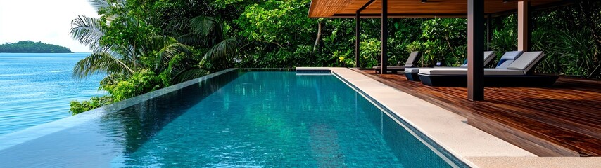 Relaxing poolside view with lush greenery and ocean. A perfect escape for leisure and tranquility in nature's embrace.