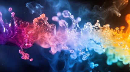 Poster - Vibrant liquid formations collide and swirl, producing stunning colors against a dark background, illustrating a fascinating chain reaction in motion