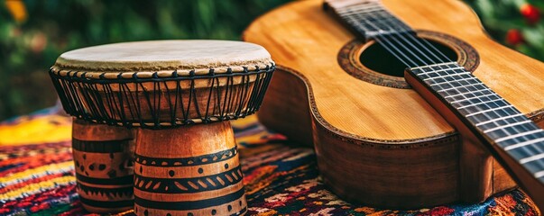 Acoustic guitar is laying on a colorful pattern fabric next to a djembe drum outdoors