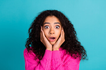 Poster - Portrait of nice young girl open mouth hands touch cheeks wear pink pullover isolated on turquoise color background