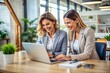 © Introvertia - Businesswomen laughing together in office professional collaboration