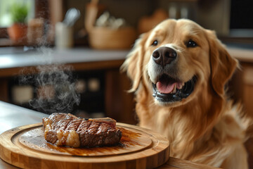 golden retriever and delicious meat steak, hungry dog ​​sniffs fried pork smell, food theft, delicious beef steak advertisement