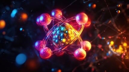 Poster - This stunning representation reveals a chemical atomic structure, featuring a nucleus surrounded by vibrant electrons, set against a dark, illuminated backdrop