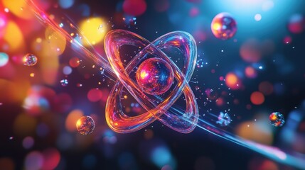 Poster - A vibrant depiction of atomic structures shows the beauty of chemical elements, with swirling particles and colors illustrating atomic interactions in a cosmic setting