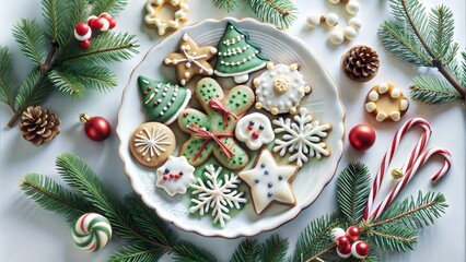 Christmas cookies on a plate surrounded by festive decorations and evergreen branches