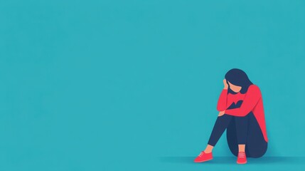 Wall Mural - Person sitting alone, head down in sadness, raising awareness for depression, flat design illustration