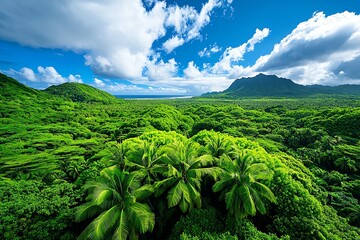 Breathtaking aerial view of lush green landscape under a clear blue sky, showcasing vibrant nature and majestic mountains.