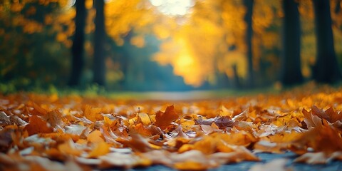 Wall Mural - Autumn background with orange fall leaves. Garden scene on fall season with bright shiny sun ray and maple tree
